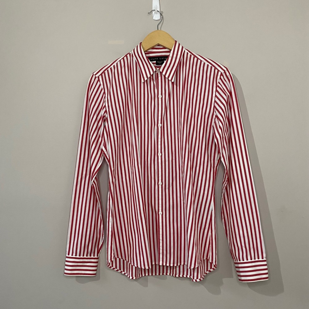 Ralph Lauren Black Label Womens Red White Stripe Cotton Up Down Shirt Size 10